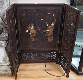 A Japanese folding wood and shibayama screen, height 89cm